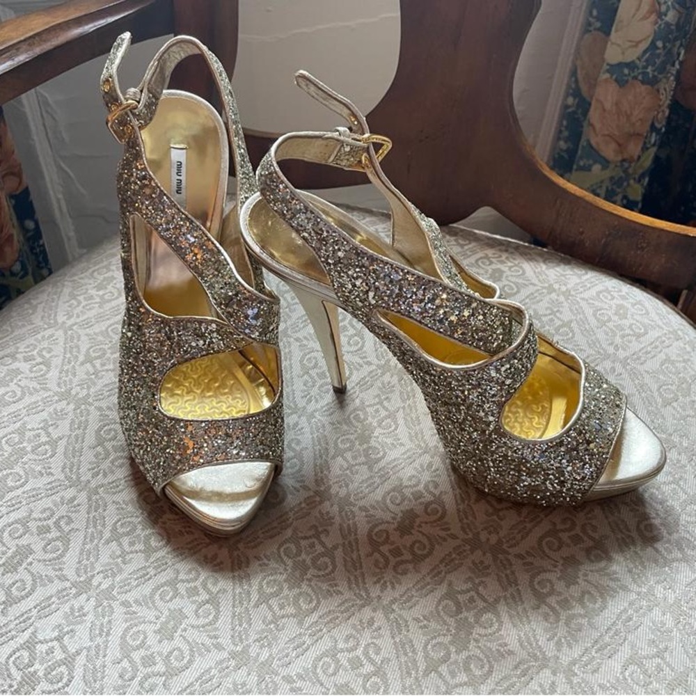 Miu Miu Glitter Open Toe Platform Heel - image 1